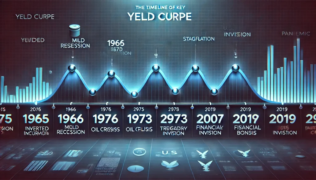 Timeline of inverted yield curve history with key financial events in a blue-black theme