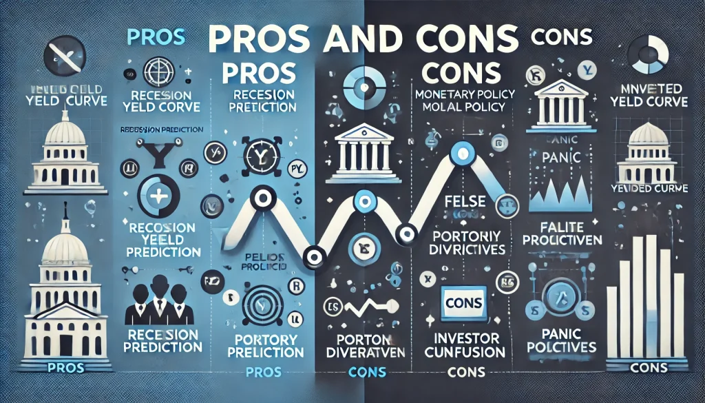 Infographic showing pros and cons of inverted yield curve, with recession prediction and risk icons