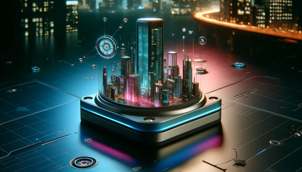 A futuristic IoT device, sleek and compact, located on the edge of a high-tech urban building, processing real-time data. Neon-lit city skyline in the background with dense networks of sensors and small devices interacting. Cool lighting, metallic reflections. Created Using: modern camera angles, ultra-realistic textures, advanced shading techniques, cyberpunk influences, digital overlay effects, high-tech materials, volumetric lighting, hd quality, natural look