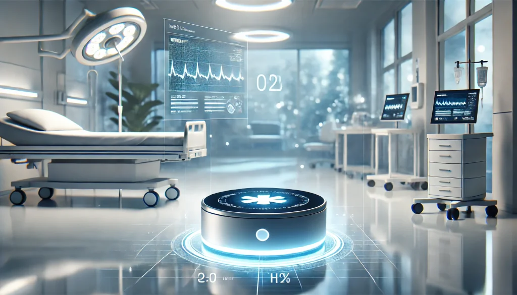 A close-up of an IoT device located in a healthcare setting, processing patient data through edge computing. The device is sleek and medical-grade, glowing with soft white light in a sterile hospital room. Subtle reflections and real-time data streams are visible. Created Using: medical equipment design, clean and minimalistic style, soft lighting, futuristic healthcare environment, hd quality, natural look