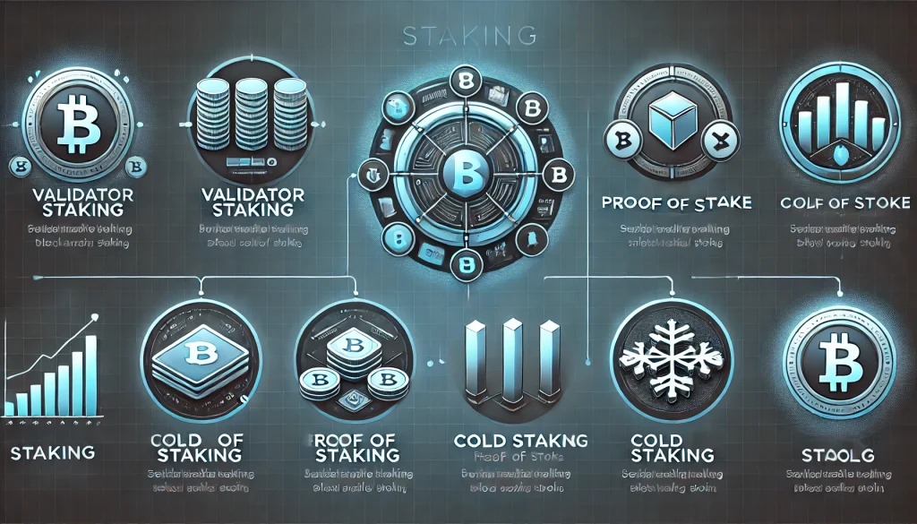 A detailed infographic style illustration showing types of the topic with icons: validator staking, proof of stake, cold staking, and staking pools