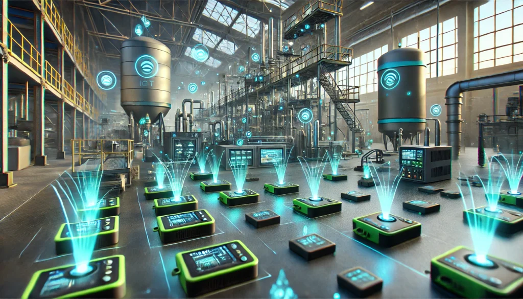 A collection of IoT sensors embedded in an industrial environment, performing edge computing tasks autonomously. The devices are scattered across a factory setting, with machinery in the background. Cool blue and green lights indicating data flow. Created Using: industrial aesthetic, highly detailed textures, macro-photography focus, advanced shading, real-time data rendering, modern camera equipment, ambient lighting, hd quality, natural look