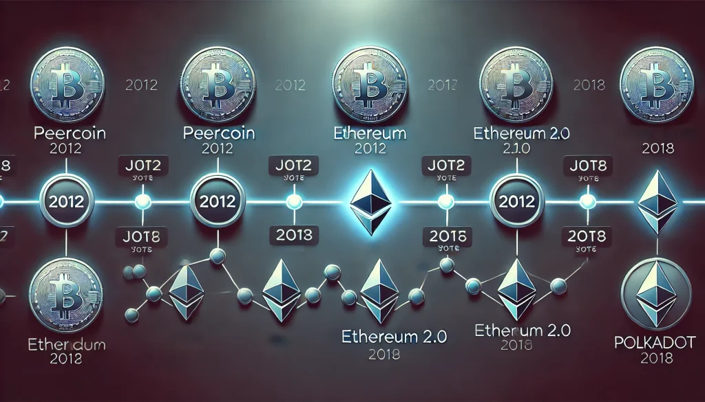 A digital timeline illustration showing the history of the topic from Peercoin in 2012 to Ethereum 2.0 and Polkadot