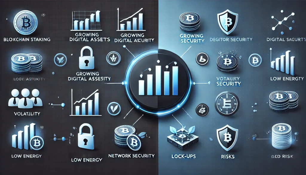 A split-screen illustration showing pros like growing digital assets, network security, low energy usage, and cons like volatility, lock-ups, and risks