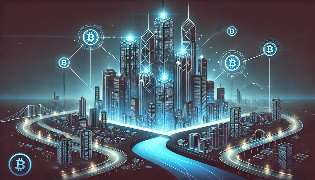 A futuristic concept art of a city with digital skyscrapers as blockchain networks, nodes with light trails, cross-chain networks, and coin rivers