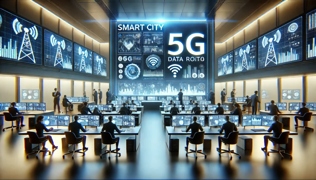 Smart city control room with professionals analyzing 5G data on multiple screens, futuristic design, soft lighting, diverse team, wide-angle view