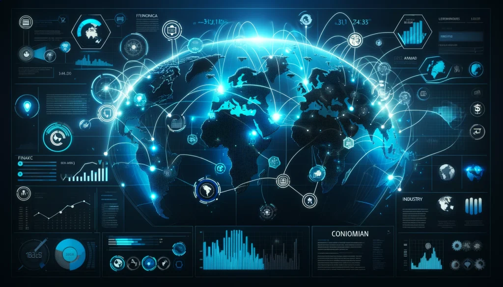 A world map with digital data streams connecting continents, icons of various economic sectors, glowing network lines, infographic style, high contrast