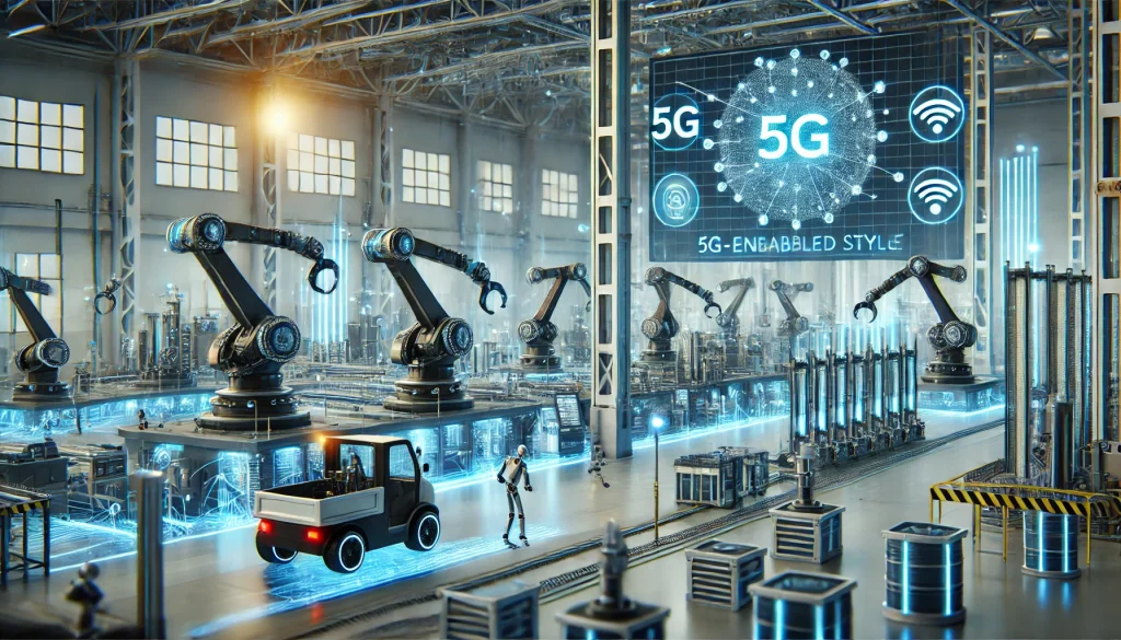 Automated factory with robotic arms, autonomous vehicles, and digital interfaces, showcasing 5G-enabled efficiency, high-tech industrial setting