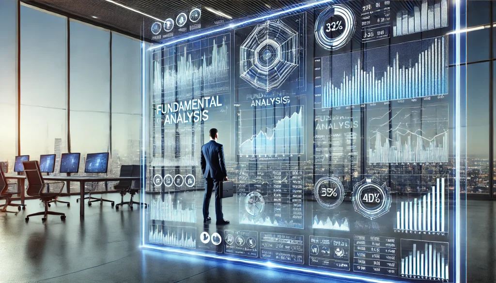 Alt text: A high-tech digital interface displaying fundamental analysis of stocks, with detailed financial charts, stock tickers, and company performance metrics. A financial analyst in a modern office with a glass wall overlooking a city skyline. Bright, focused lighting, subtle blue tones, HD quality