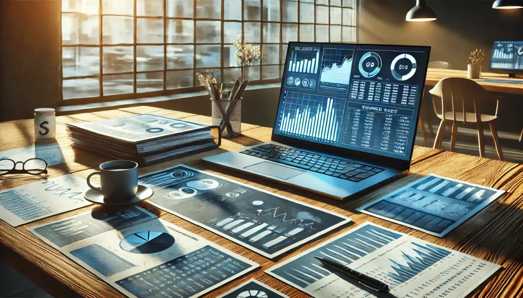 An investor's desk filled with documents representing financial statements, balance sheets, and stock analysis, a laptop screen showing detailed graphs and a financial dashboard. Warm sunlight streams through a large window, casting soft shadows on the wooden table. Photorealistic, sharp details