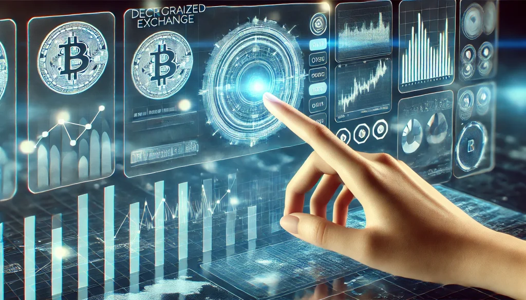 Close-up of a decentralized exchange interface, digital graphs, and charts on transparent screens, showing crypto transactions. A hand reaching out to interact with the holographic UI, reflections of data streams in the background. Soft blue glow, cyberpunk lighting, hyper-realistic, sleek and modern design, clean tech look, hd quality