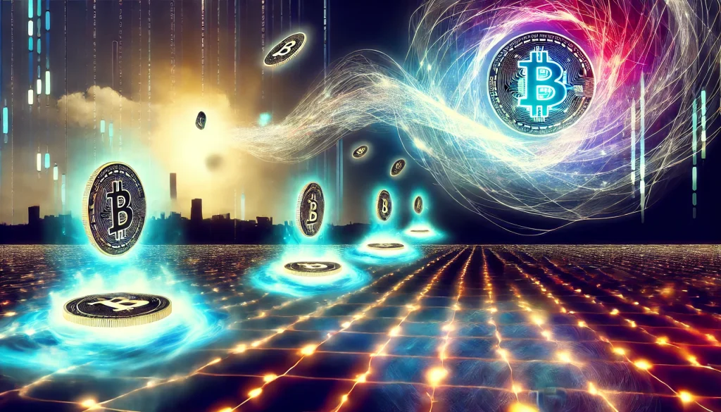 An abstract representation of a decentralized exchange, swirling data streams forming interconnected nodes, coins and tokens digitally rendered in mid-air, a glowing blockchain stretching across the horizon. Ethereal lighting with soft gradients, futuristic city silhouette, bright cyberpunk-inspired colors, sharp contrasts between light and dark. Photorealism with an artistic twist, 3D effects, surreal