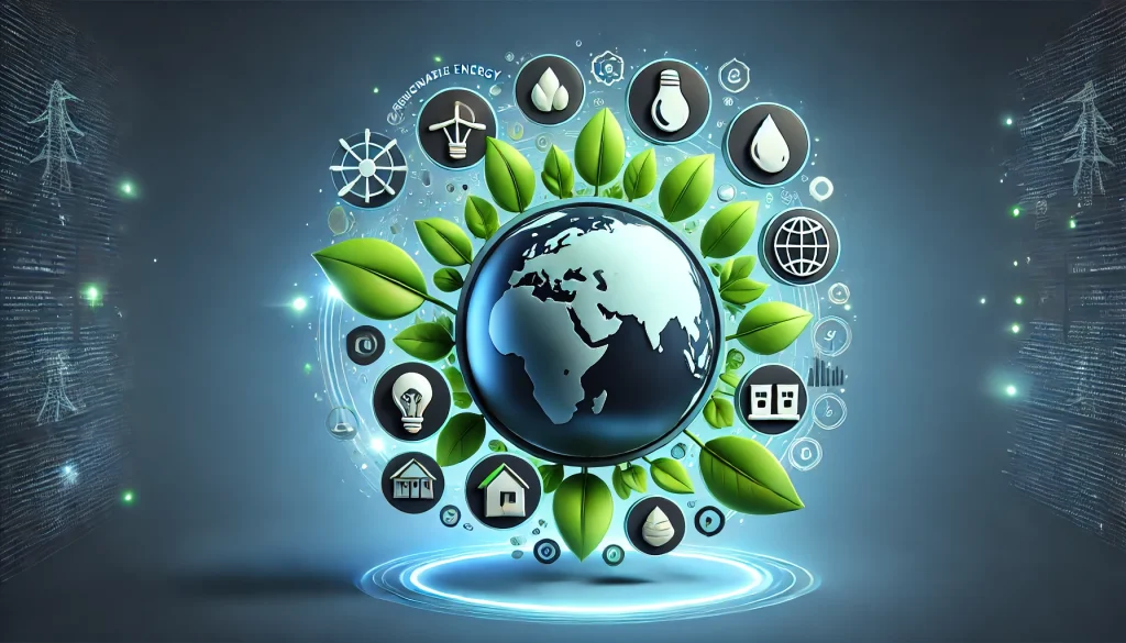 An illustration showing a globe encircled by green leaves, with icons of renewable energy, clean water, and sustainable buildings emerging from it.