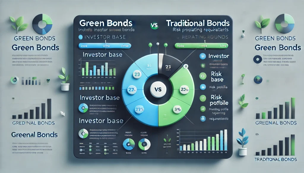  A graphic comparing green bonds and traditional bonds: two pie charts showing differences in investor base, risk profile, and reporting requirements.