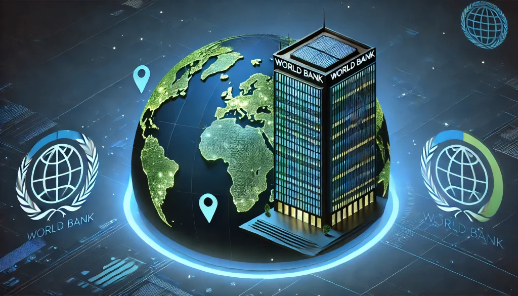 A visual representation of the World Bank building with a map overlay highlighting regions where green bond-funded projects have been implemented.