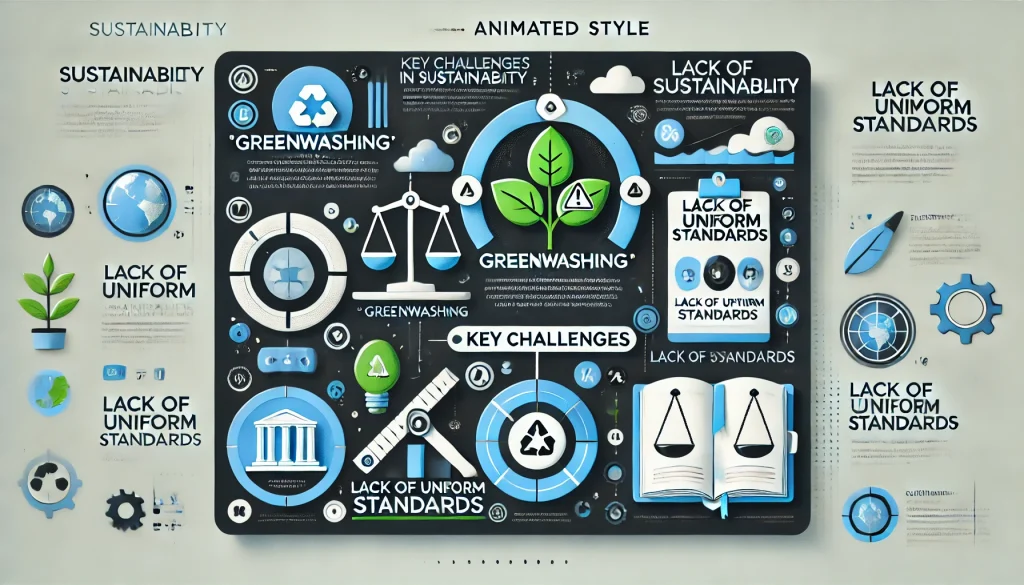 Infographic showing key challenges like "Greenwashing" and "Lack of Uniform Standards" represented with a symbolic icon