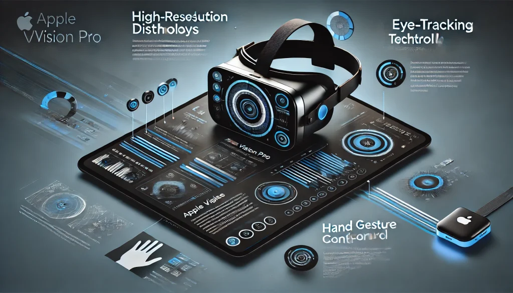 Infographic highlighting key features of the product, including high-resolution displays, eye-tracking, hand gestures, and custom Apple Silicon chips