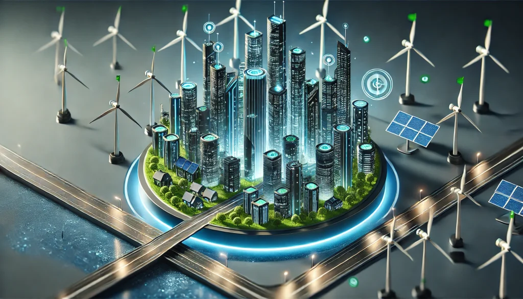 An inspiring graphic showing a futuristic cityscape powered by renewable energy sources like wind turbines, solar panels, and green skyscrapers