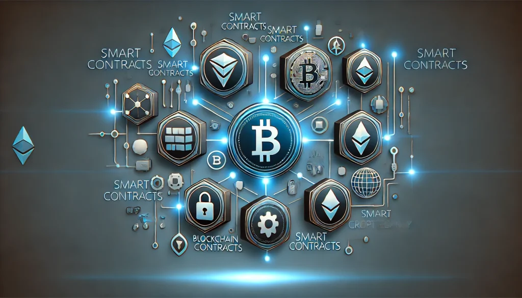 Digital illustration of smart contracts with blockchain symbols and cryptocurrency logos, representing decentralization