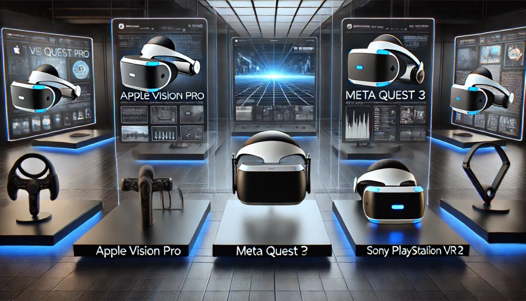 Comparison of Vision Pro, Meta Quest 3, and Sony PlayStation VR2 in a digital showroom