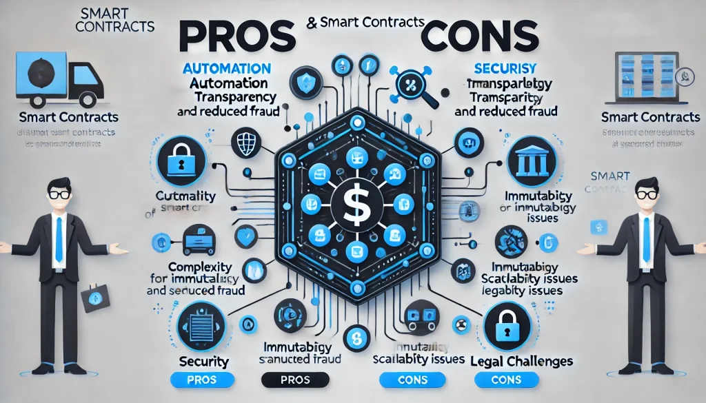 Infographic showing pros and cons of smart contracts, highlighting automation, transparency, complexity, and legal challenges.