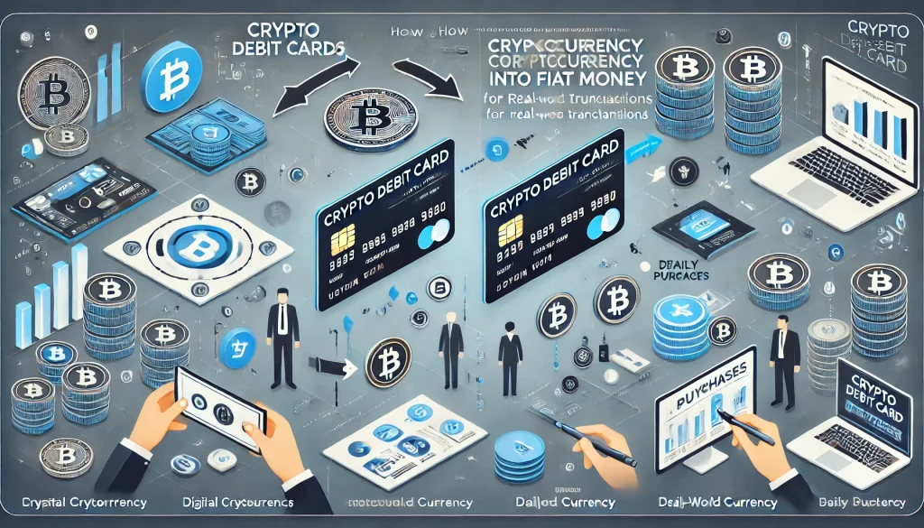 Infographic of how crypto debit cards convert cryptocurrency to fiat money for real-world transactions