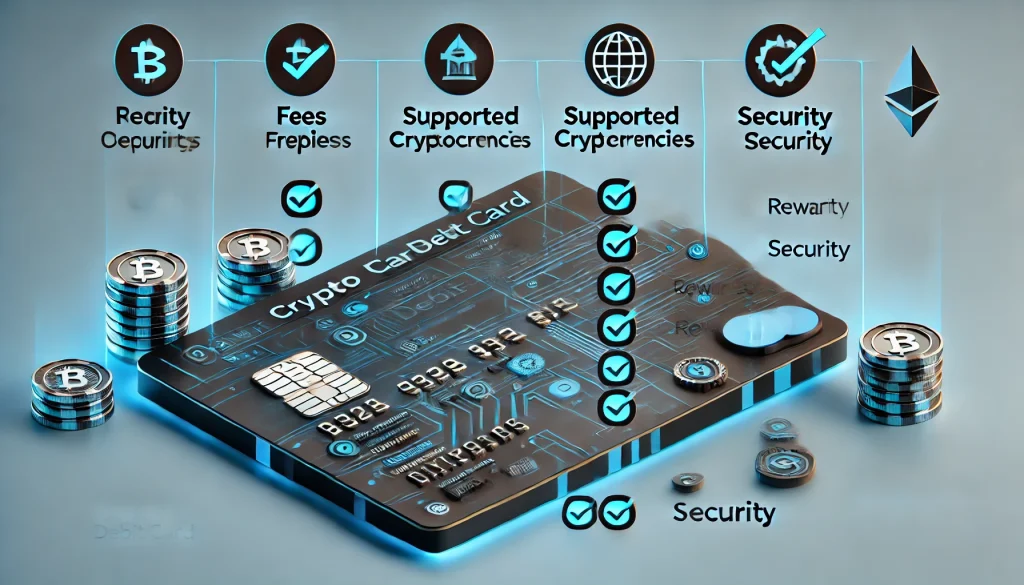 Checklist graphic highlighting key features of crypto debit cards: fees, supported cryptocurrencies, rewards, and security.