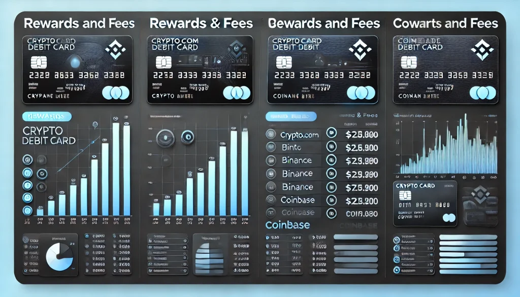 Comparison chart showing rewards and fees of top crypto debit cards like Crypto.com, Binance, and Coinbase