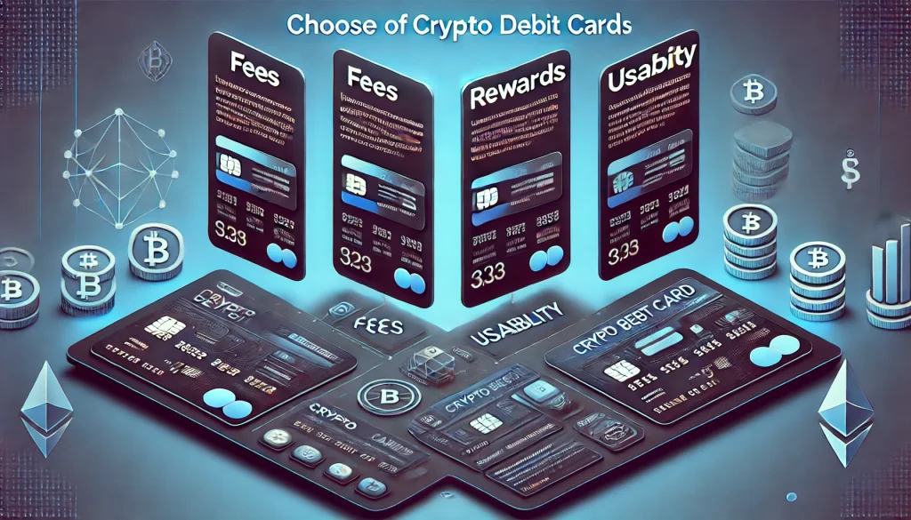 Graphic of various crypto debit cards with text suggesting users choose based on fees, rewards, and usability