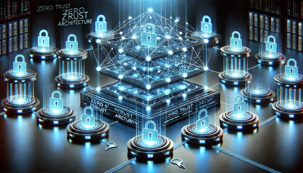 A futuristic network structure with glowing nodes representing zero trust architecture, layers of security with digital locks and keys, vibrant neon blue tones, high-tech aesthetic