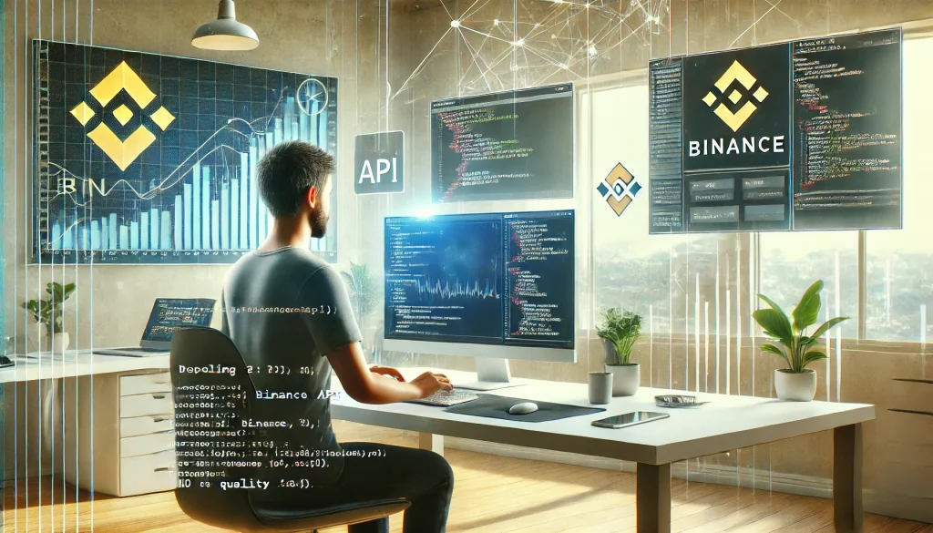 A developer integrating Binance API, focused on coding, with charts on screen and data flow in background, clean tech workspace, hd quality, natural lighting