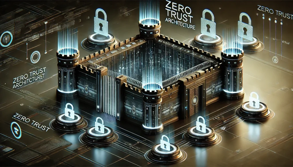 A digital fortress with multiple layers of authentication gates, zero trust architecture, encrypted walls and verification checkpoints, dark mode, glowing highlights