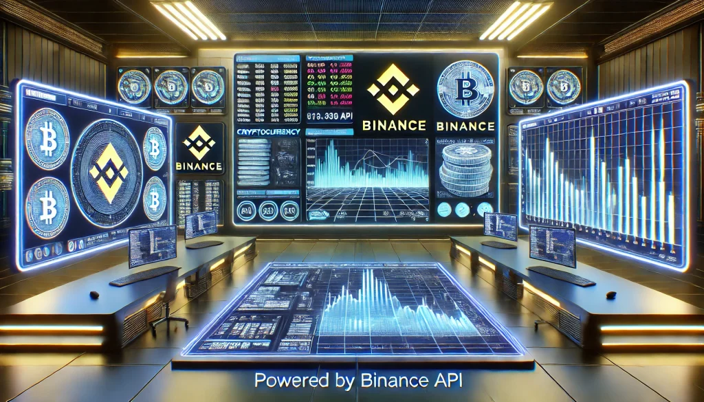 Cryptocurrency exchange powered by Binance API, with seamless data streaming, futuristic user interface, modern coding setup, sharp digital screens, vivid lighting