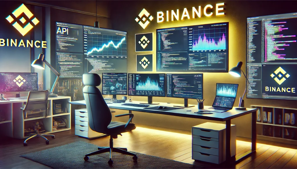 A sleek workspace with Binance API documentation open, crypto charts displayed on screens, coding in progress, modern office setup, vibrant lighting, hd quality