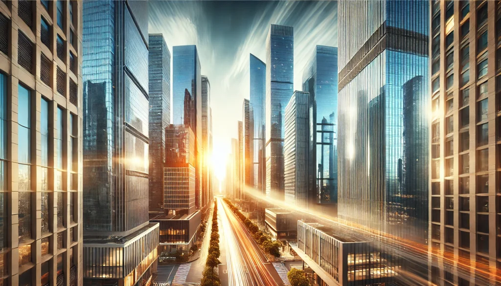 A dynamic city skyline with towering modern skyscrapers, clean streets below, and sunlight reflecting on the glass buildings, financial growth theme