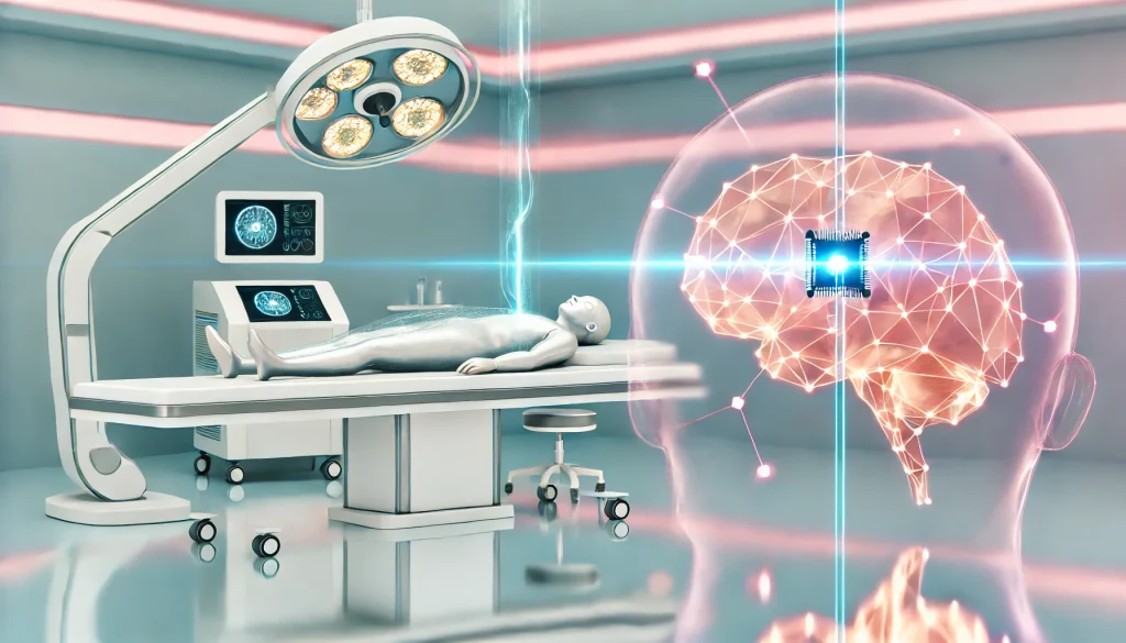  A Neuralink chip being implanted in a human brain, glowing neural connections visible, in a high-tech lab setting with futuristic medical equipment.