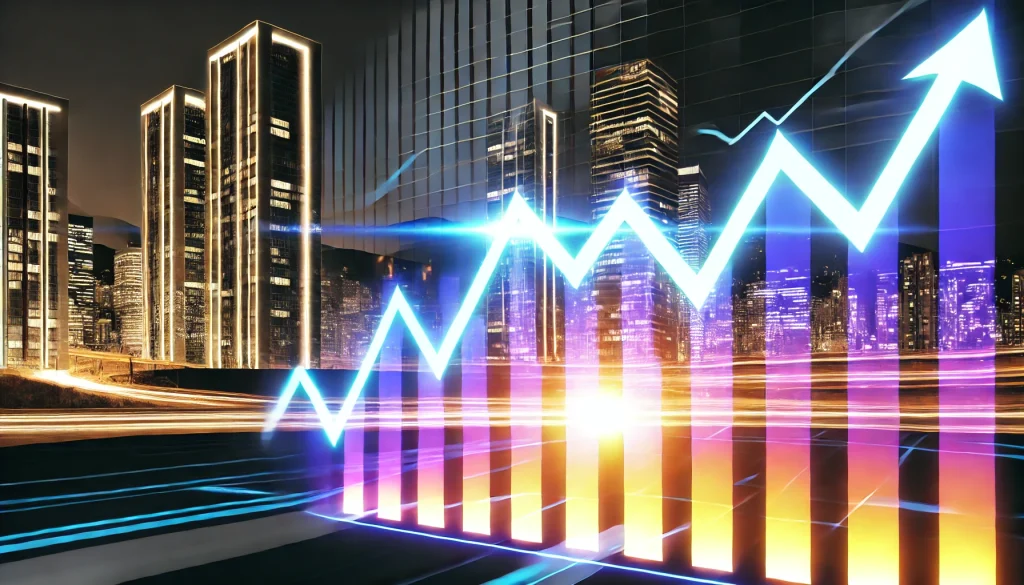 A futuristic real estate investment chart with upward-trending lines in the foreground, city buildings in the background, warm lighting and sharp contrasts