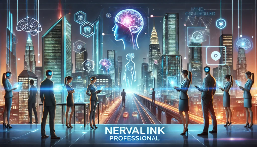 A futuristic city where people use Neuralink to control devices with their minds, holographic interfaces and neon-lit buildings in the background.