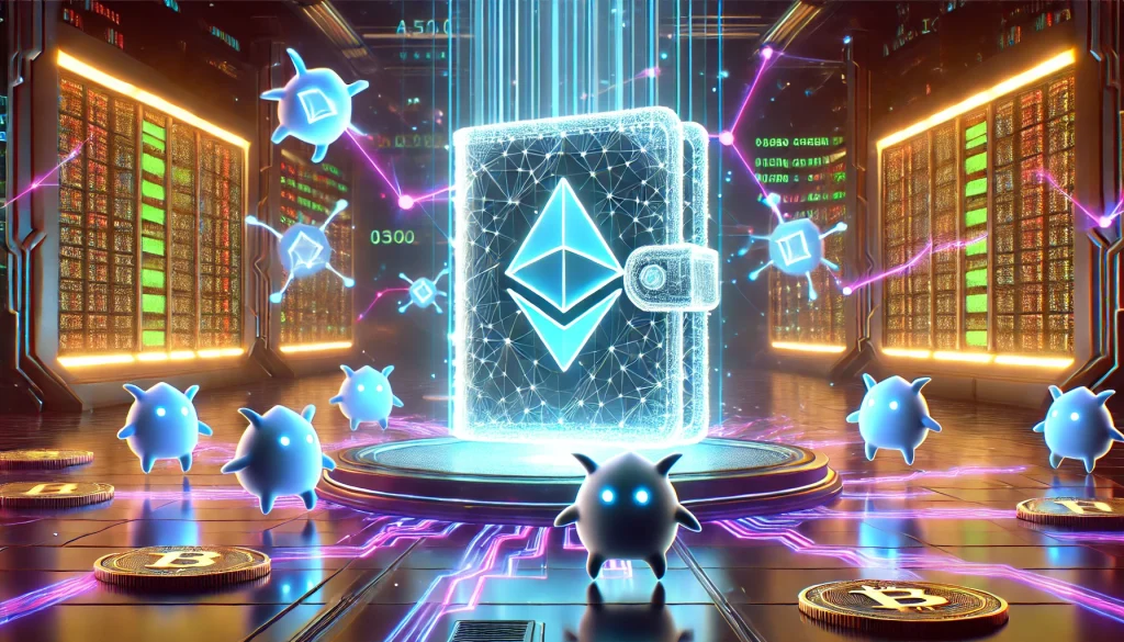 A glowing, transparent Ronin Wallet in the center of a futuristic arena, Axie creatures circling it, vibrant blockchain data streams lighting up the background