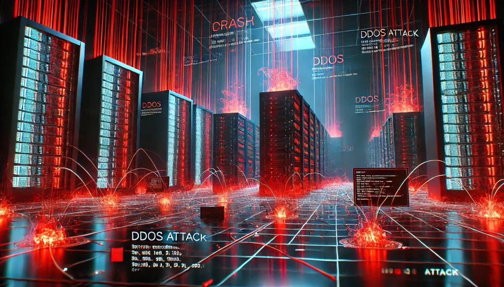 A network under siege, data streams tangled and chaotic, servers glowing red as they crash from a massive DDoS attack, dark cyber grid backdrop, neon lighting