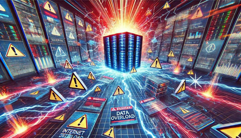 Visual representation of internet chaos, servers crashing, data overload exploding from a central source, glitching screens and warning symbols, digital grid