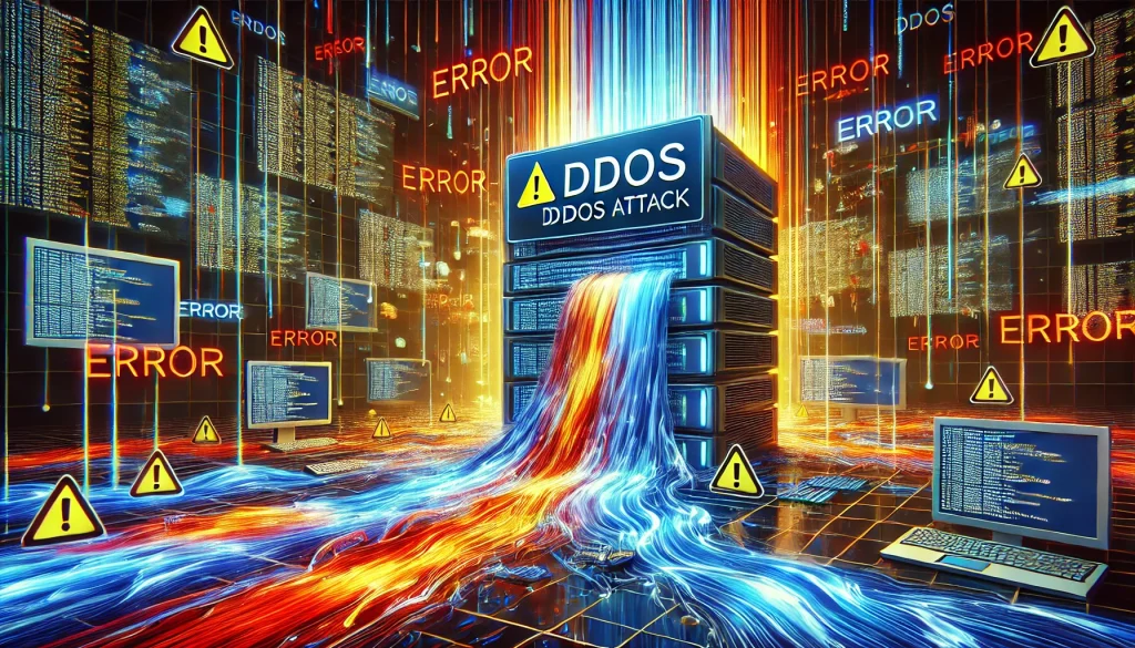 A computer system drowning in data streams, a massive DDoS attack disrupting services, bright error warnings, layered cyberspace with fragmented code