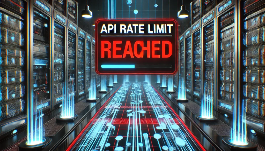 A futuristic dashboard displaying an "API Rate Limit Reached" warning in bold red text, with server racks and data streams in the background