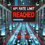 A futuristic dashboard displaying an "API Rate Limit Reached" warning in bold red text, with server racks and data streams in the background