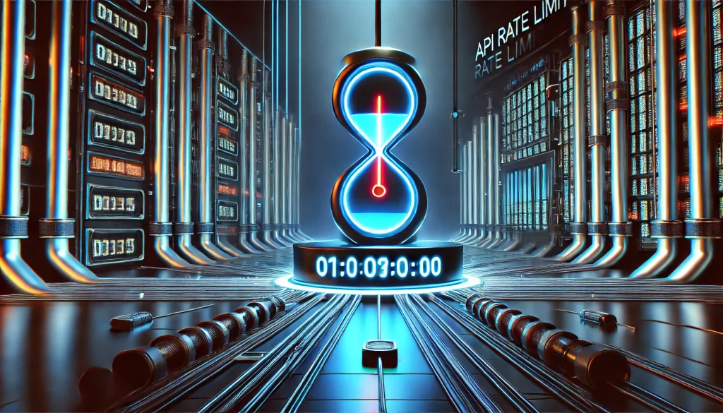 A glowing countdown timer signaling API rate limit reset, data pipelines slowing to a halt, neon digital grid backdrop and moody low lighting