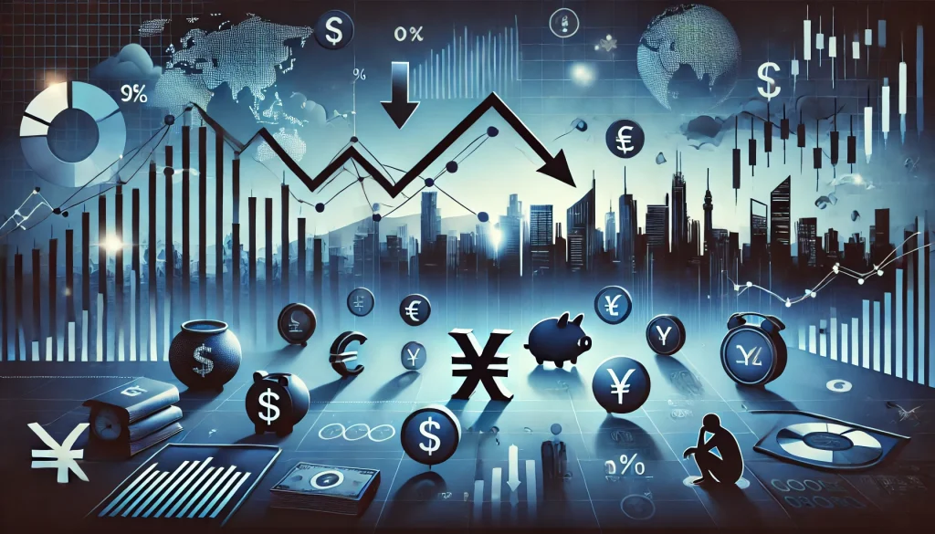 Animated recession scene with falling graphs, currency symbols, and blue-black financial backdrop