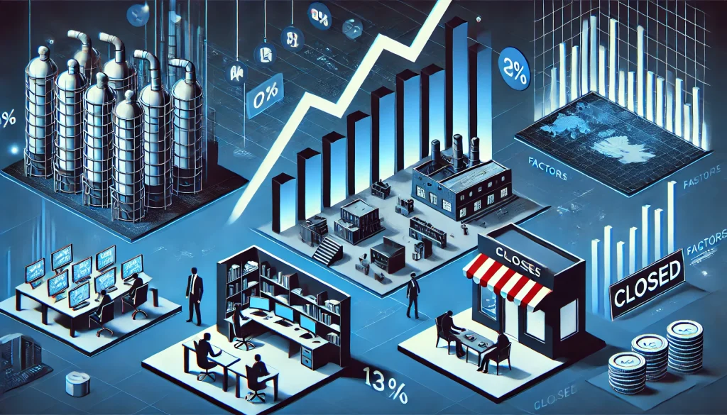 Animated image showing companies in recession, with falling charts and closed businesses