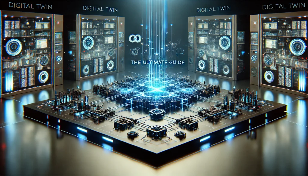 Digital Twin guide cover with mirrored systems, glowing lines, and blue futuristic interface