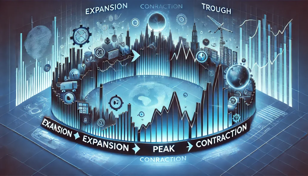 Animated image of business cycle phases: expansion, peak, contraction, and trough in blue tones