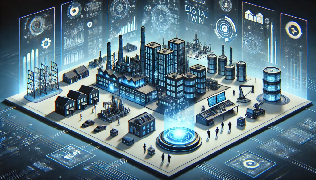 Animated image of companies using digital twin technology with virtual simulations and connections.